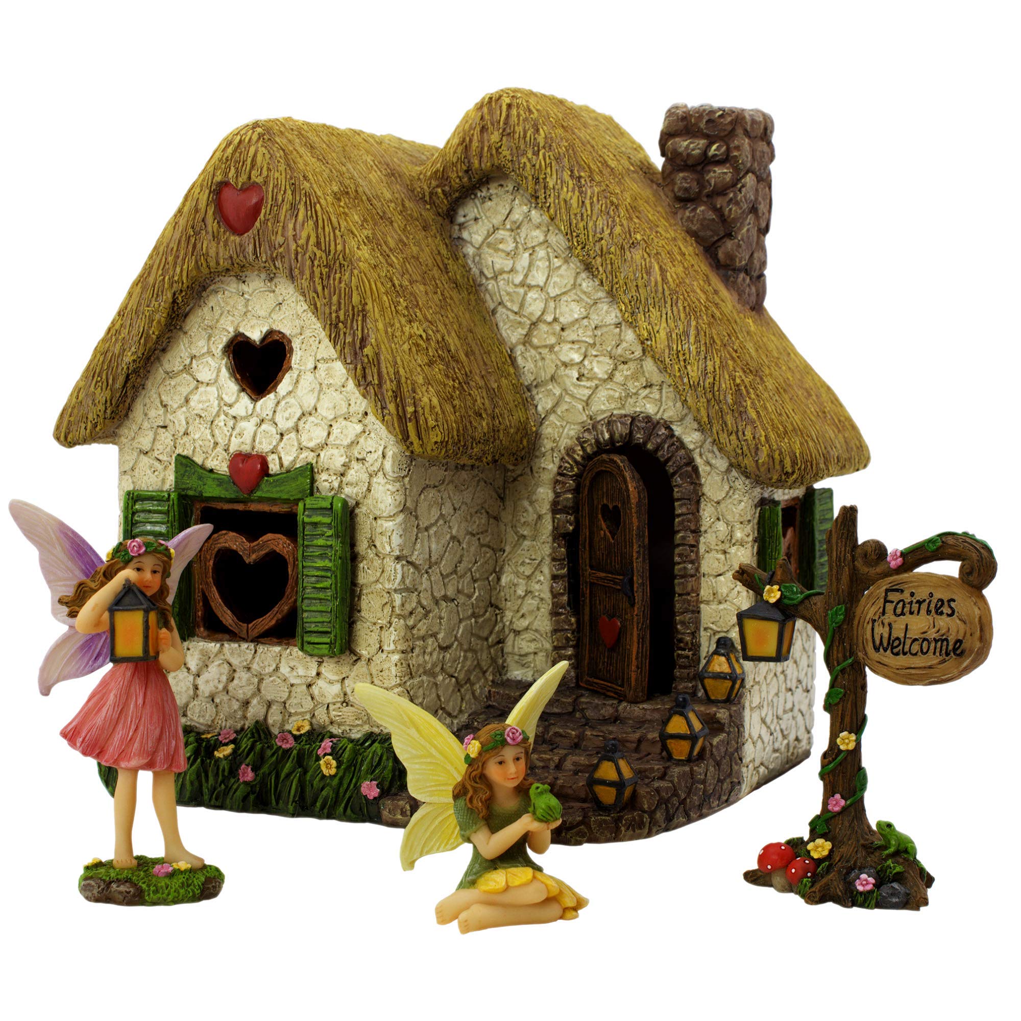 PRETMANNS Fairy Garden House Kit – Complete with Accessories, House 18 cm High with Door that Opens & Fairies for Outdoor Gardens – 4 Pieces