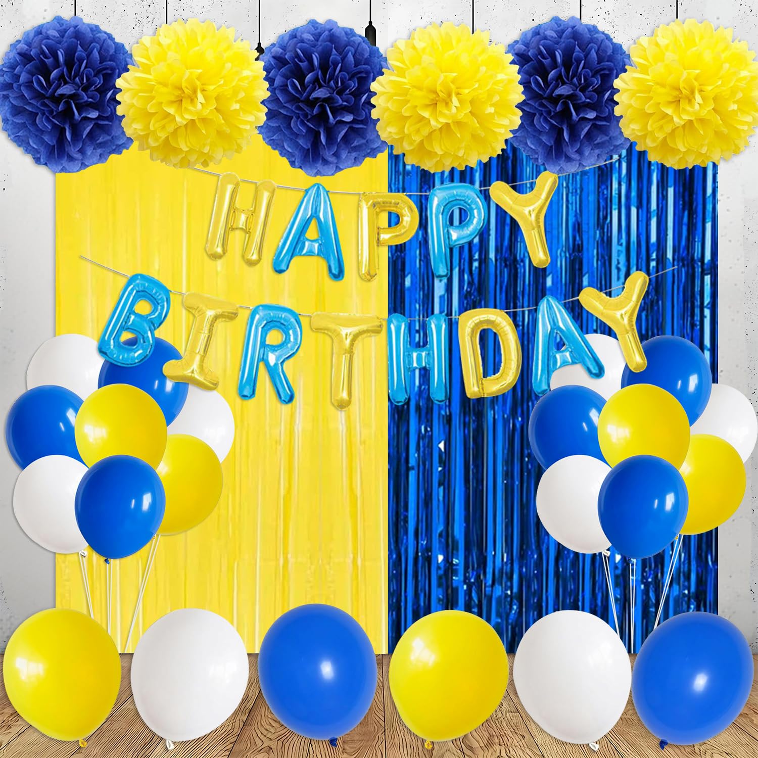 Photo 1 of 39Pcs Blue Yellow Birthday Decorations – Happy Birthday Balloon Banner, Fringe Curtain Backdrop, Tissue Pom Poms Latex Balloons for Men Boys Girls Birthday Party Supplies (Blue, Yellow)
