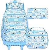 Rolling Backpack for Girls and Womens, 3PCS Roller Bookbag with Lunch Bag for Kids, Wheeled School Bag for Children - Blue Cloud Cat