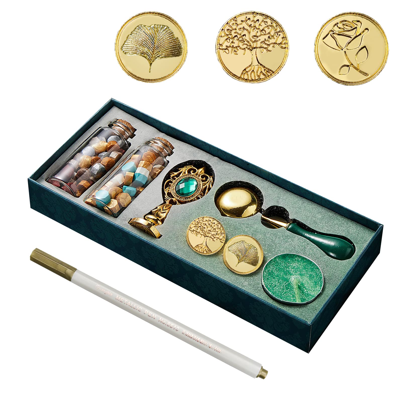 AOMAYLL Wax Stamp Set, Sealing Stamp Set for Letters, Gifts, 1 Zinc Alloy Handle, 3 Brass Head Stamps, 1 Melting Spoon, 1 Tea Candle, 2 Bottles of Sealing Wax Beads, 1 Piece Golden Craft Pen
