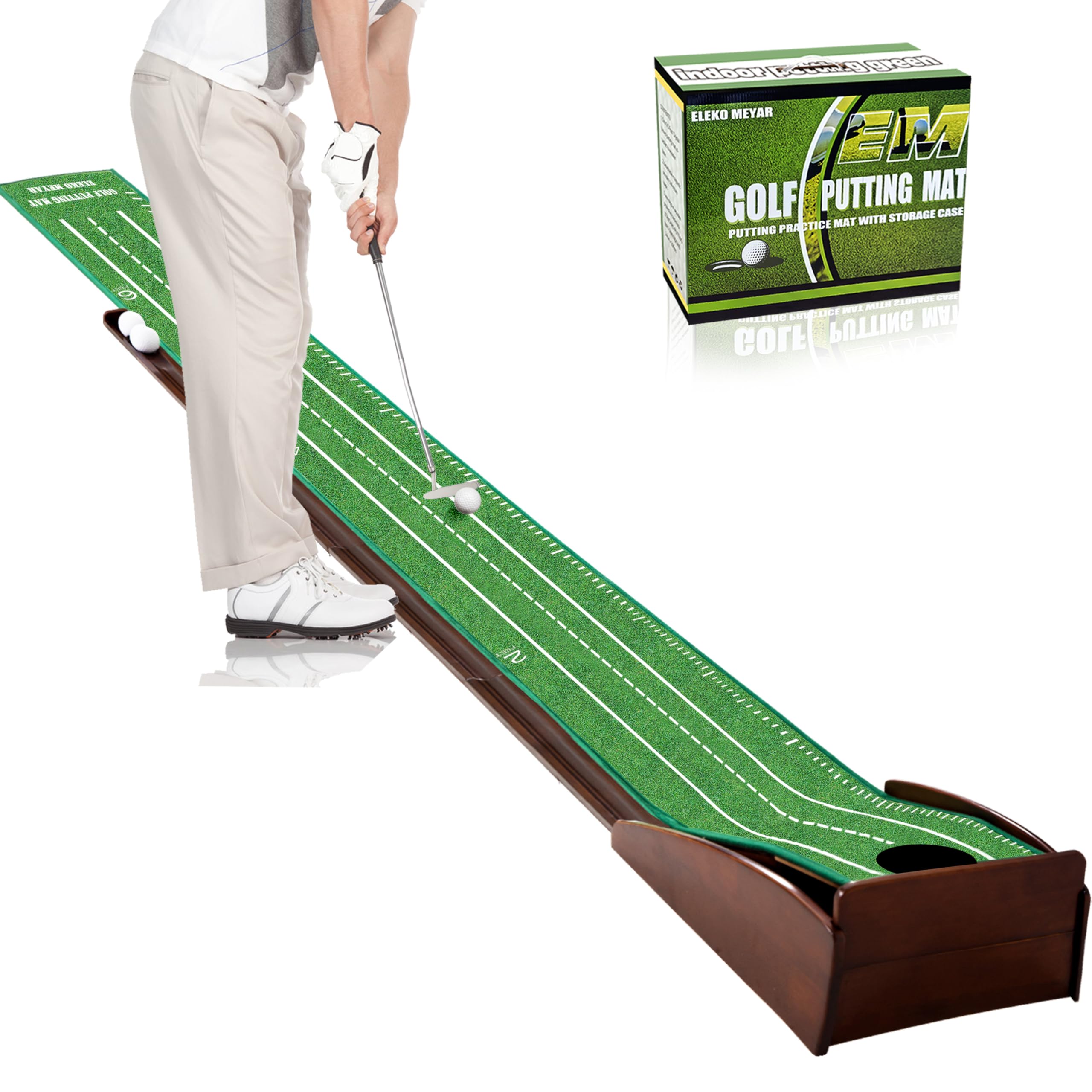 Photo 1 of Eleko Meyar Putting Green Portable Indoor Putting mat?Includes Putting Practice Ball, Wrinkle-Free Mat, and Solid Wood Construction – Suitable for Office, Living Room, Outdoor Golf Gift
