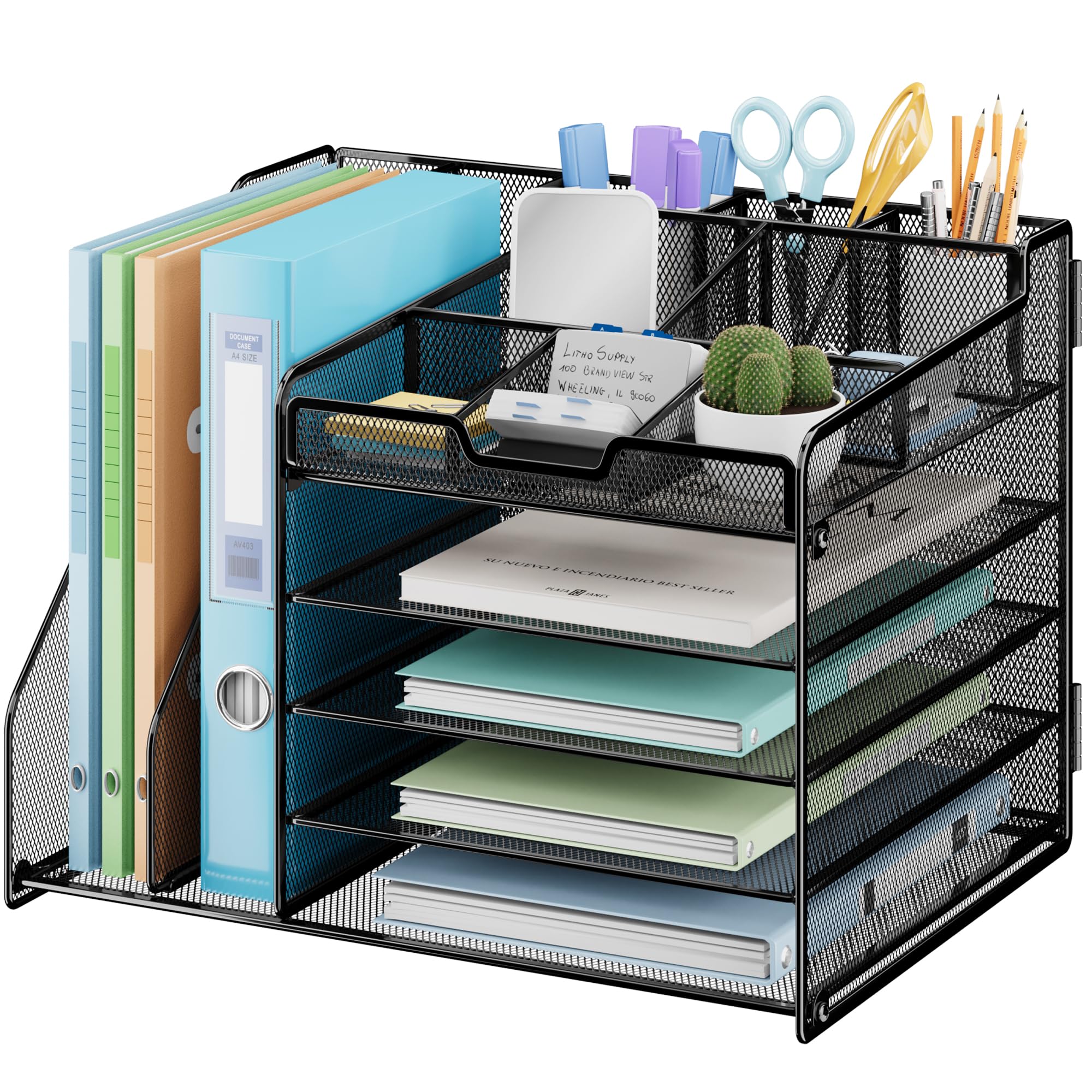 Photo 1 of Lavatino Desk Organizer, 5-Tier Metal Mesh Paper Letter Tray with 2 File Holders & 7 Flexible Dividers for Office or Home Desk Organizers and Accessories, Keep Workspace Supplies Neat, Black