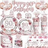 192pcs 90th Birthday Decorations for Women, Serves 25, All-in-One Ninety Birthday Decorations, Rose Gold 90th Birthday Plates and Napkins with Banner, Tablecloth, Balloons & Cupcake Toppers