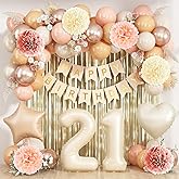 Beige 21st Birthday Decorations for Her Cream Number 21 Balloon Nude Gold Happy Birthday Banner Fringe Curtain Paper Pom Poms Blush White Sand Champagne Star Foil Balloons Neutral Boho Party Decor