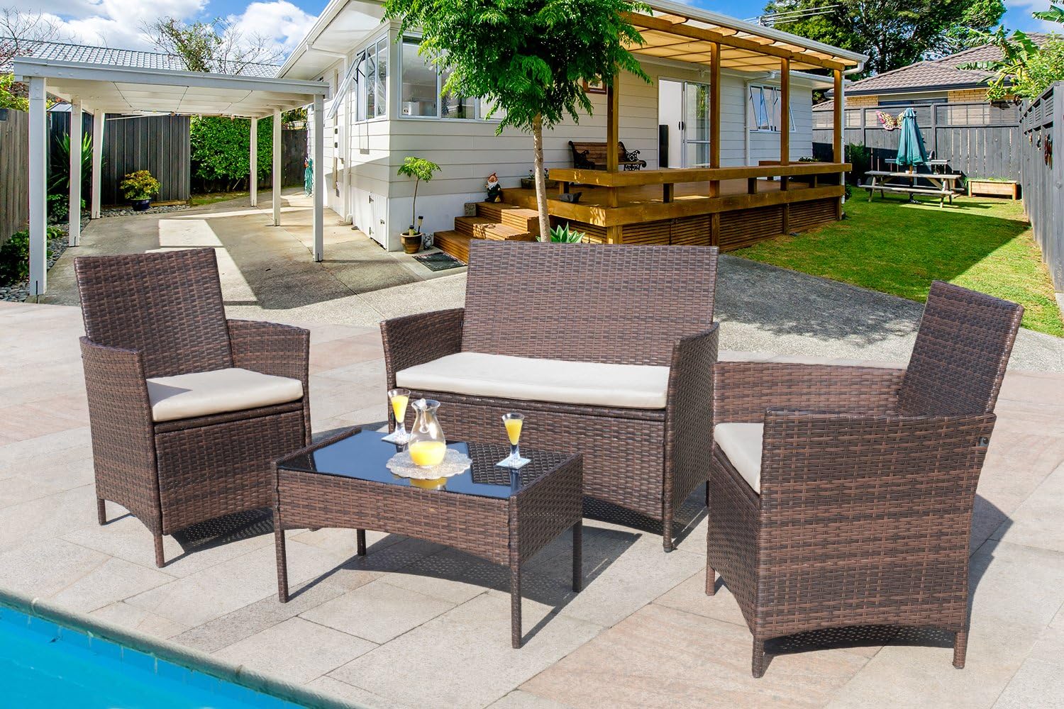 Homall 4 Pieces Outdoor Patio Furniture Sets Rattan Chair Wicker Set, Outdoor Indoor Use Backyard Porch Garden Poolside Balcony Furniture Sets (Brown and Beige) : Garden & Outdoor