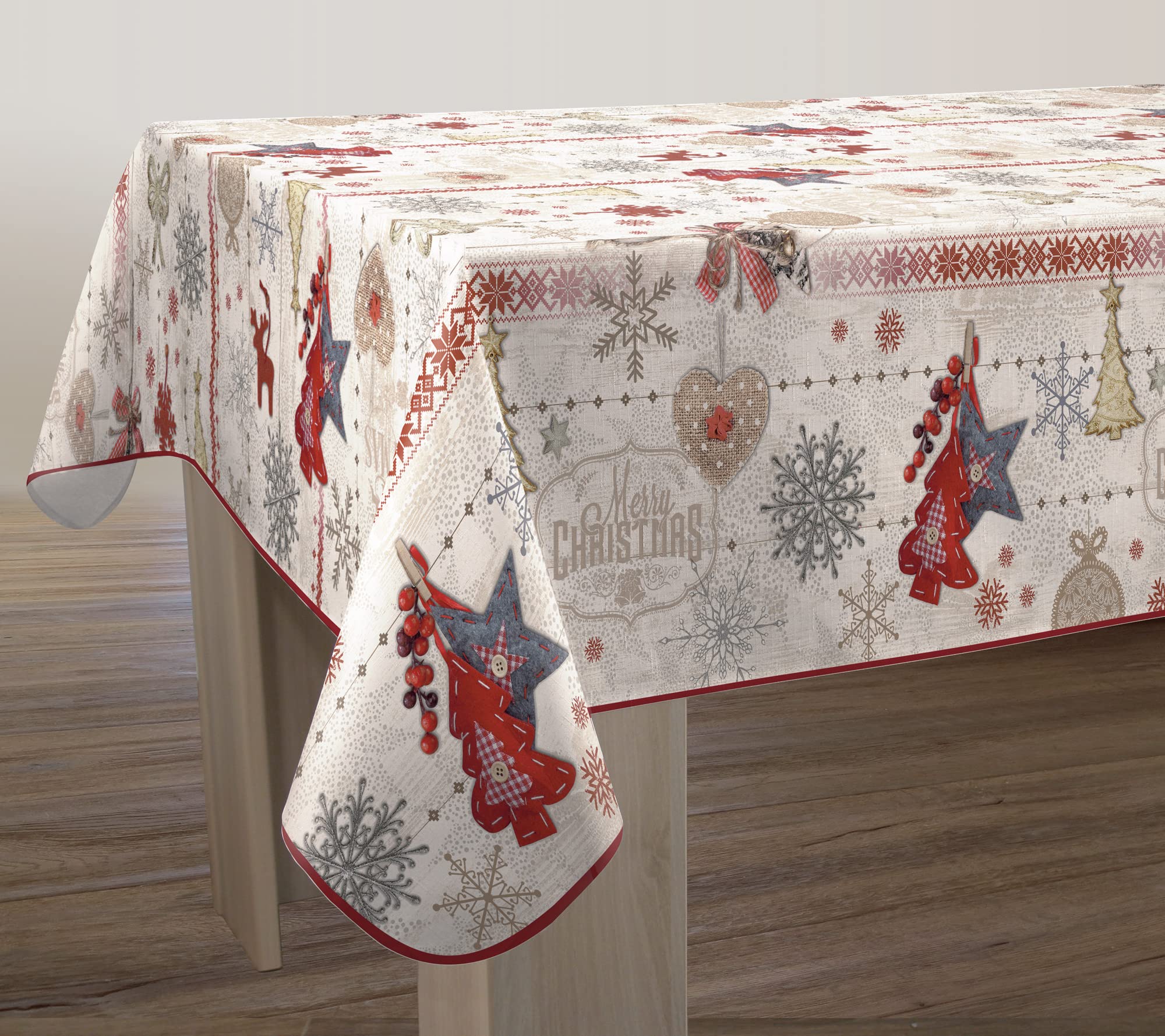 Le linge de Jules Joyeux-Noël-Rectangle-150-x-200 Stain-Resistant Rectangular Tablecloth, Merry Christmas, Length 200 cm, Width 150 cm