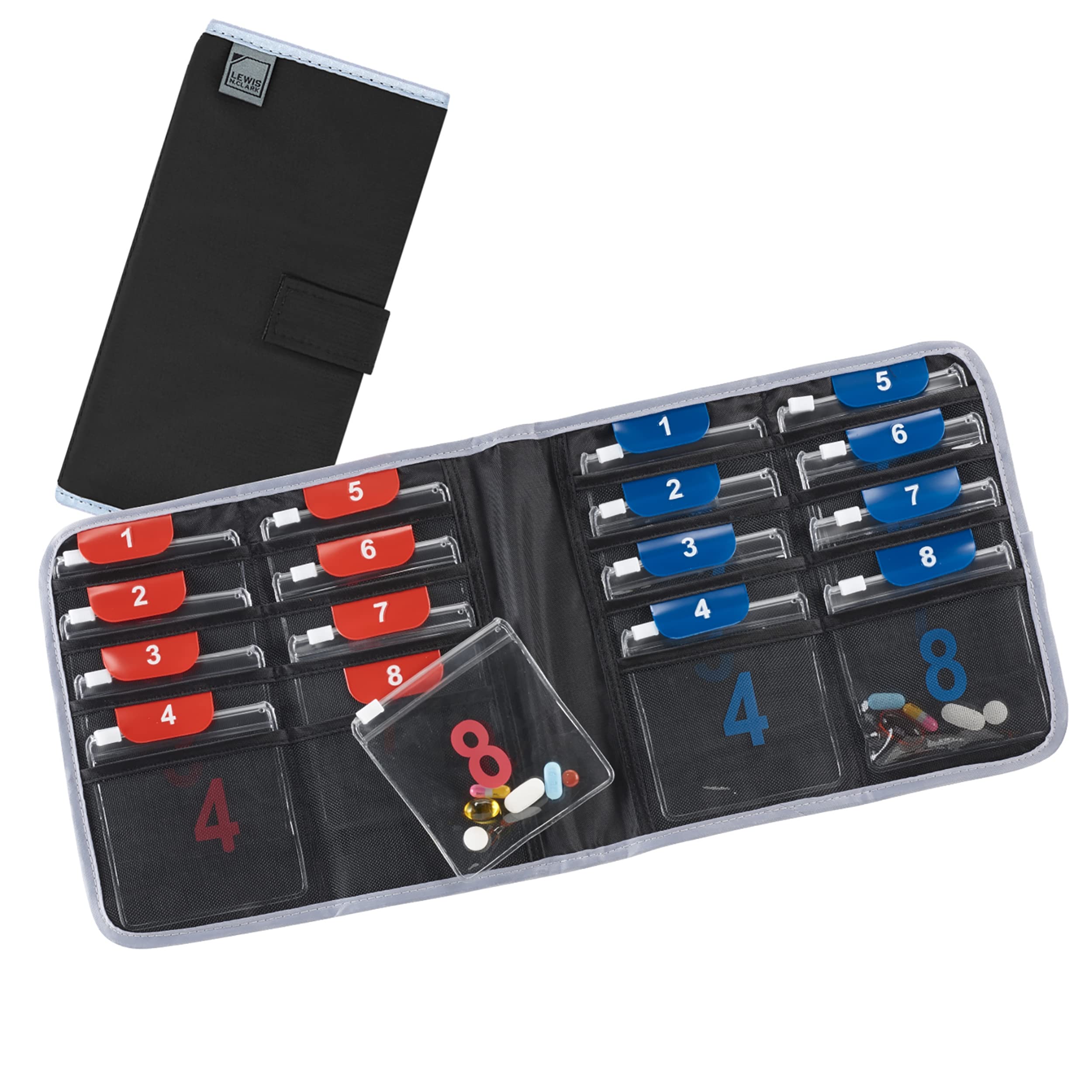 Lewis N. Clark Travel Pill Organizer | For Vitamins, Medication, Prescriptions, Or Medicine Storage | AM/PM Color Coded | 16 Slot Slimline Pouch | Black