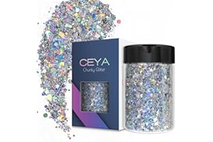 Ceya Holographic Chunky Glitter, 4.9oz/ 140g Diamond Silver Craft Glitter Powder Mixed Fine Flakes Iridescent Nail Sequins for Nail Art, Hair, Epoxy Resin, Tumblers, Slime, Painting, Festival Decor