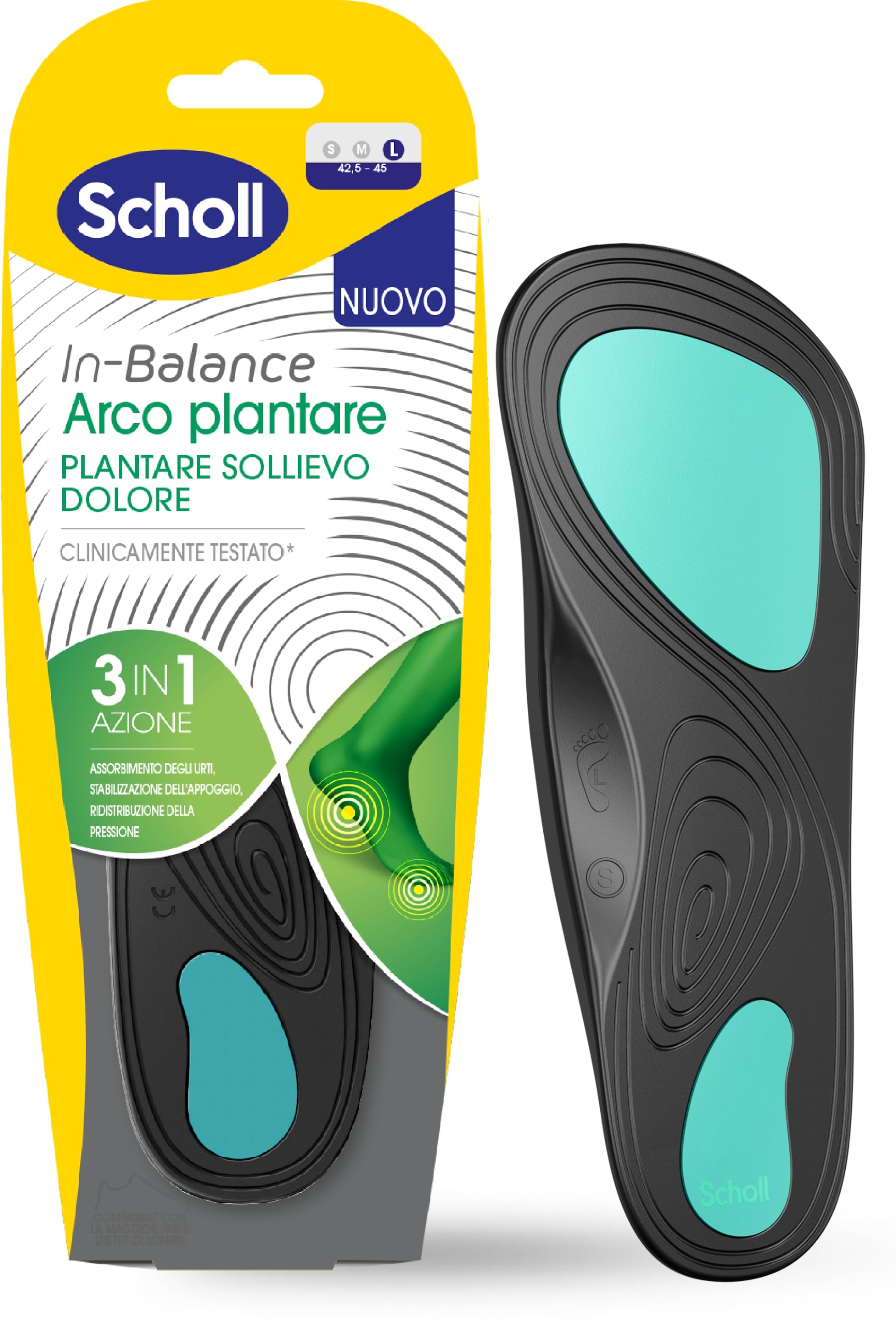 Scholl In-Balance Arch, Pain Relief Footbed, Flat Foot Orthopedic Insoles, Double Layer Cushioning Gel Insoles with Flexible Support, Size L (42.5-45), 1 Pair