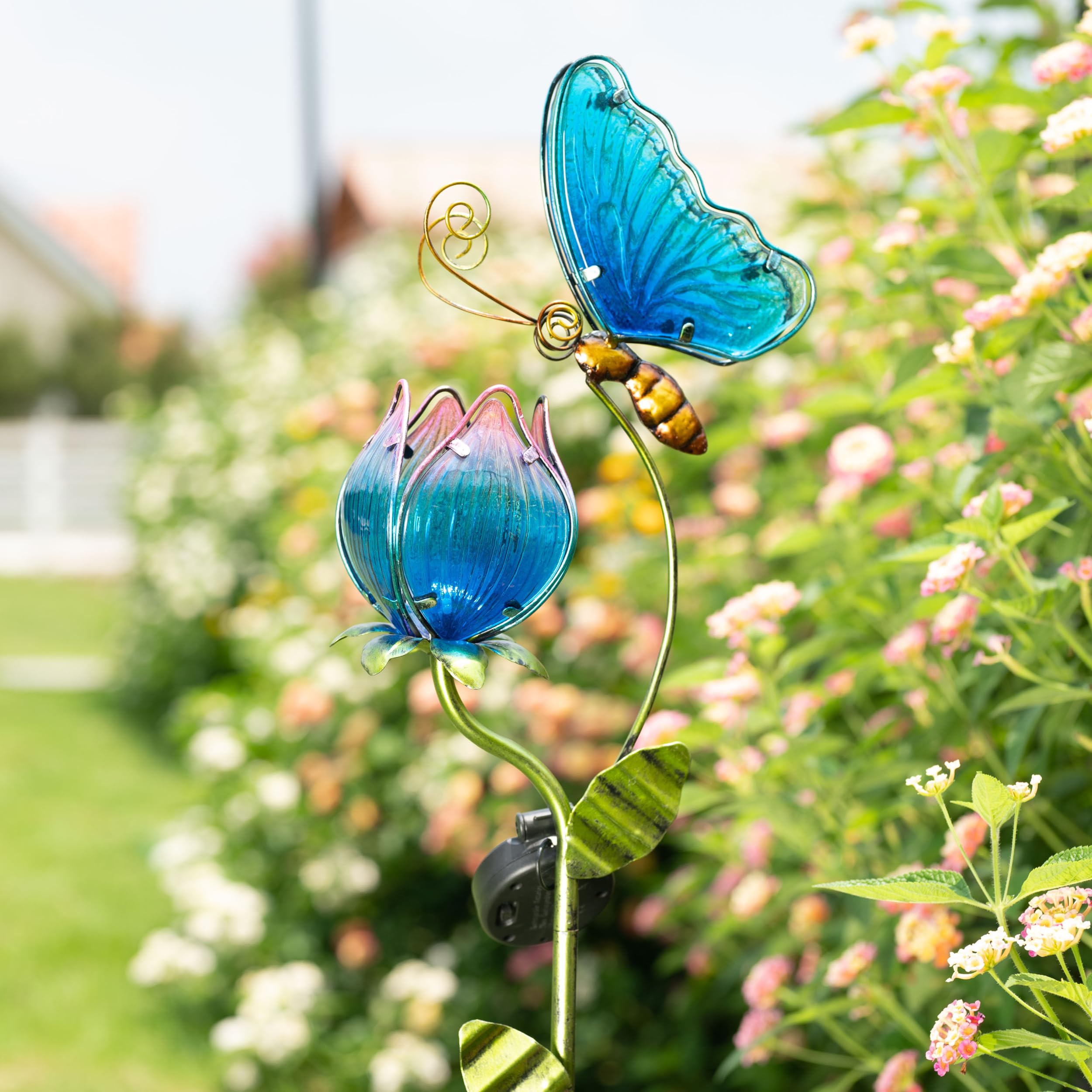 TERESA'S COLLECTIONS Garden Ornaments Outdoor Gifts for Christmas, Metal Butterfly & Tulip Solar Garden Stake Lights, Waterproof Flower & Animal Solar Light Decor for Yard, Lawn & Flower Pot, 106cm