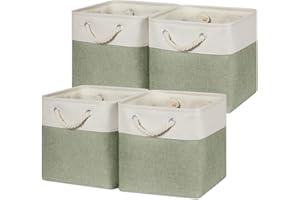 Temary Cube for Shelves 11 Inch Bin 4Pack Fabric Storage Baskets for Organizing Toys, Clothes, Decorative Baskets with Rope Handles (White&Green)