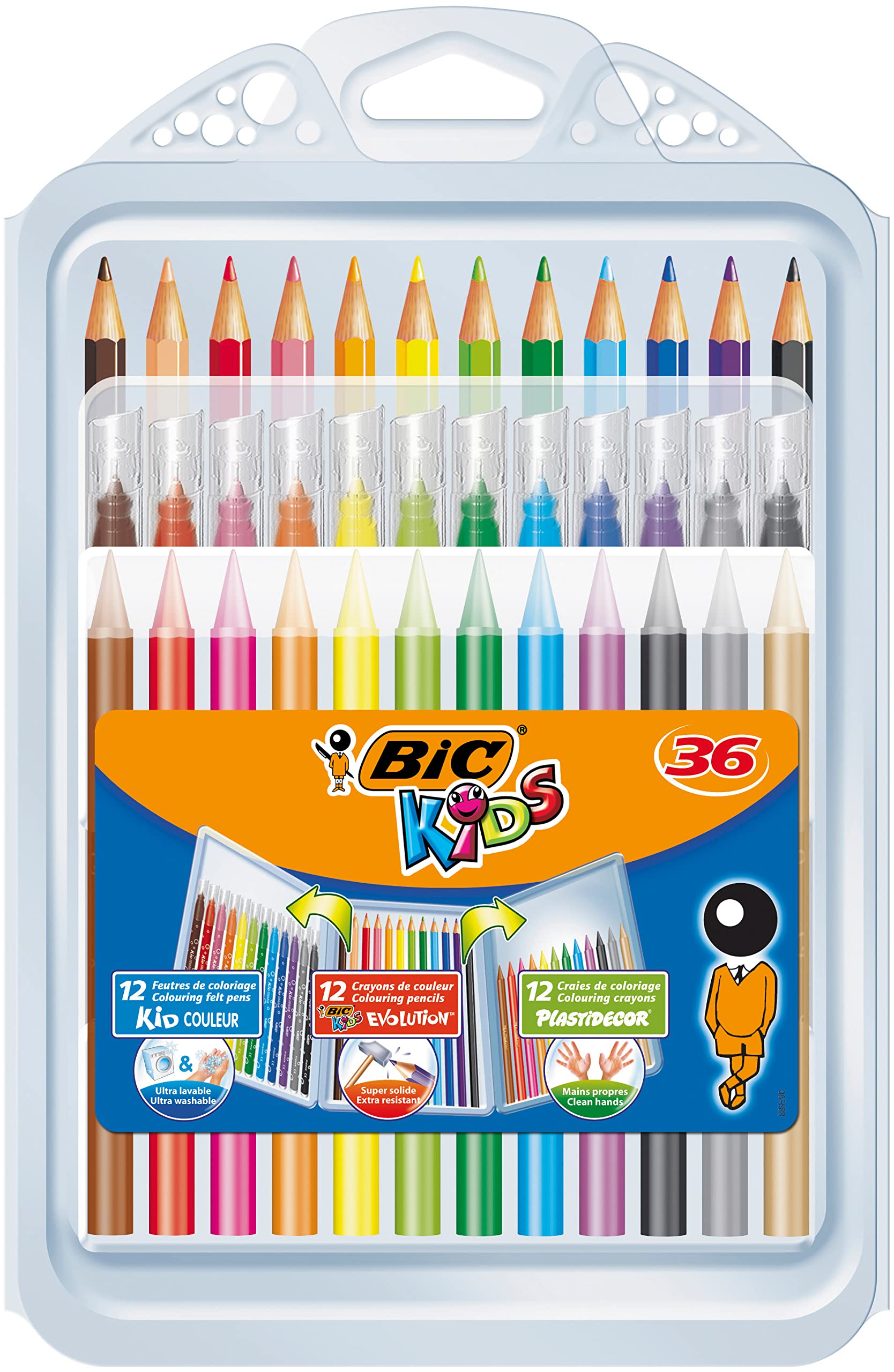 BIC Kids Colouring Set - Case of 36 Colouring Products - Variety Pack with 8 Felt Pens/8 Colouring Pencils/12 Colouring Crayons in Convenient Plastic Case