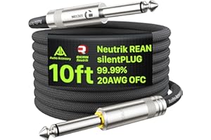 Silent Guitar Cable 10 ft, Neutrik REAN silentPLUG, Hot-Swapping Guitars Without Pop, Kevlar-Reinforced Auto Mute 20 AWG 99.9
