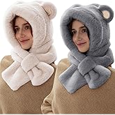 Shyyween 2 Pcs Cute Winter Bear Ear Hooded Scarf Hat for Women, Hat Scarf Set Fluffy Soft Warmer Neck 2-in-1 for Cold Weather