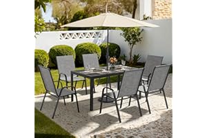 Pamapic Outdoor Dining Sets for 6, Rectangular Steel Slat Table with 6 Textilene Chairs, 7 Piece Patio Table and Chairs Set with Umbrella Hole for Patio, Garden, Backyard and Poolside (Grey)