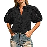 Womens Eyelet Summer Tops Lantern Short Sleeve Button V Neck Dressy Casual Blouses Hollow Out Embroidered Lace Shirts