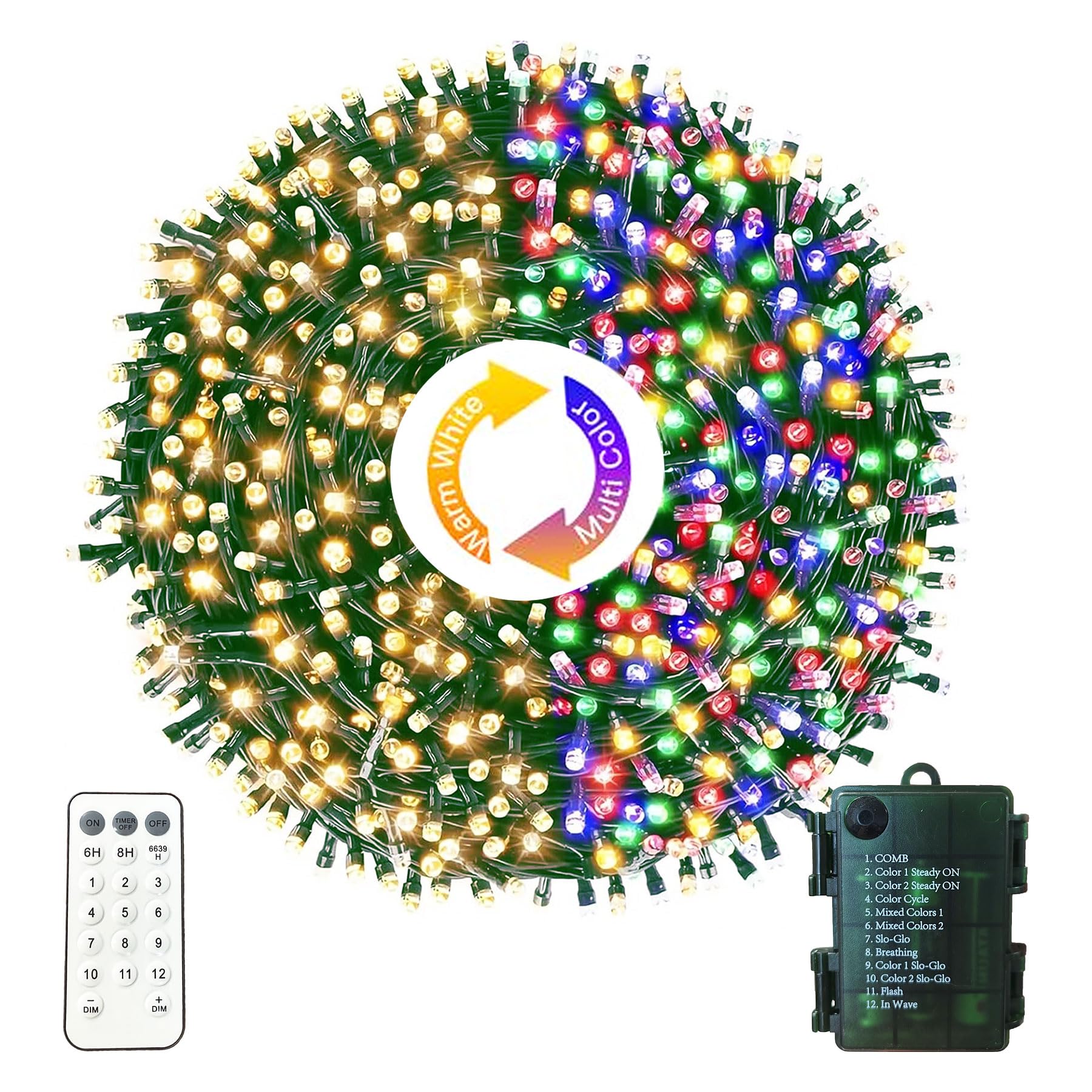 Photo 1 of 100 LED Battery Operated Warm White to Multicolor Color Changing Christmas Light Indoor Outdoor Waterproof with Timer and Remote Control String Lights 12 Modes Courtyard Bedroom Garden Camping Decor