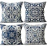 M-Qizi Vintage Blue and White Throw Pillow Covers 20x20 Set of 4, Retro Boho Ethnic Navy Blue Moroccan Tile Mediterranean Decorative Pillow Covers for Home Room, Chinoiserie Decor Pillowcases