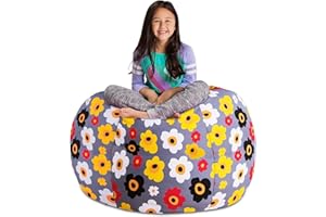 POSH CREATIONS Posh Stuffable Kids Stuffed Animal Storage Bean Bag Chair Cover - Childrens Toy Organizer, X-Large 48" - Canvas Multicolored Flowers on Gray