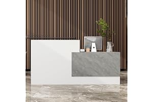 ECACAD White & Grey Reception Desk with 4 Shelves, Modern Retail Counter Checkout Counter Table with Stone Grain for Office C