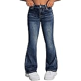 Peakpride Girls Jeans Flare High Elastic Waist Denim Pants Bell Bottom Stretch Cute Y2K Streetwear with Pockets 7-14Y