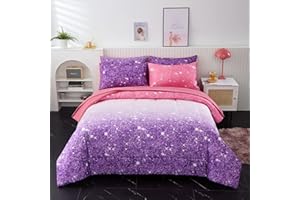inron Purple Glitter Twin Comforter Set for Teen Girls,4-Pieces Bed in a Bag, Ultra Soft Microfiber Comforter and Sheet Sets, All Season Durable Bedding Set(Purple,Twin)
