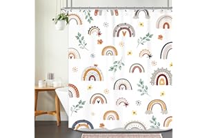 Ufeela Boho Rainbow Shower Curtain for Girls, Kids Cartoon Rainbow Bathroom Decor, Cute Flower Abstract Plant Leaves Colorful 60Wx72L Inch Bathroom Set Baby Bath Curtain Bathtub Accessories Home Decor