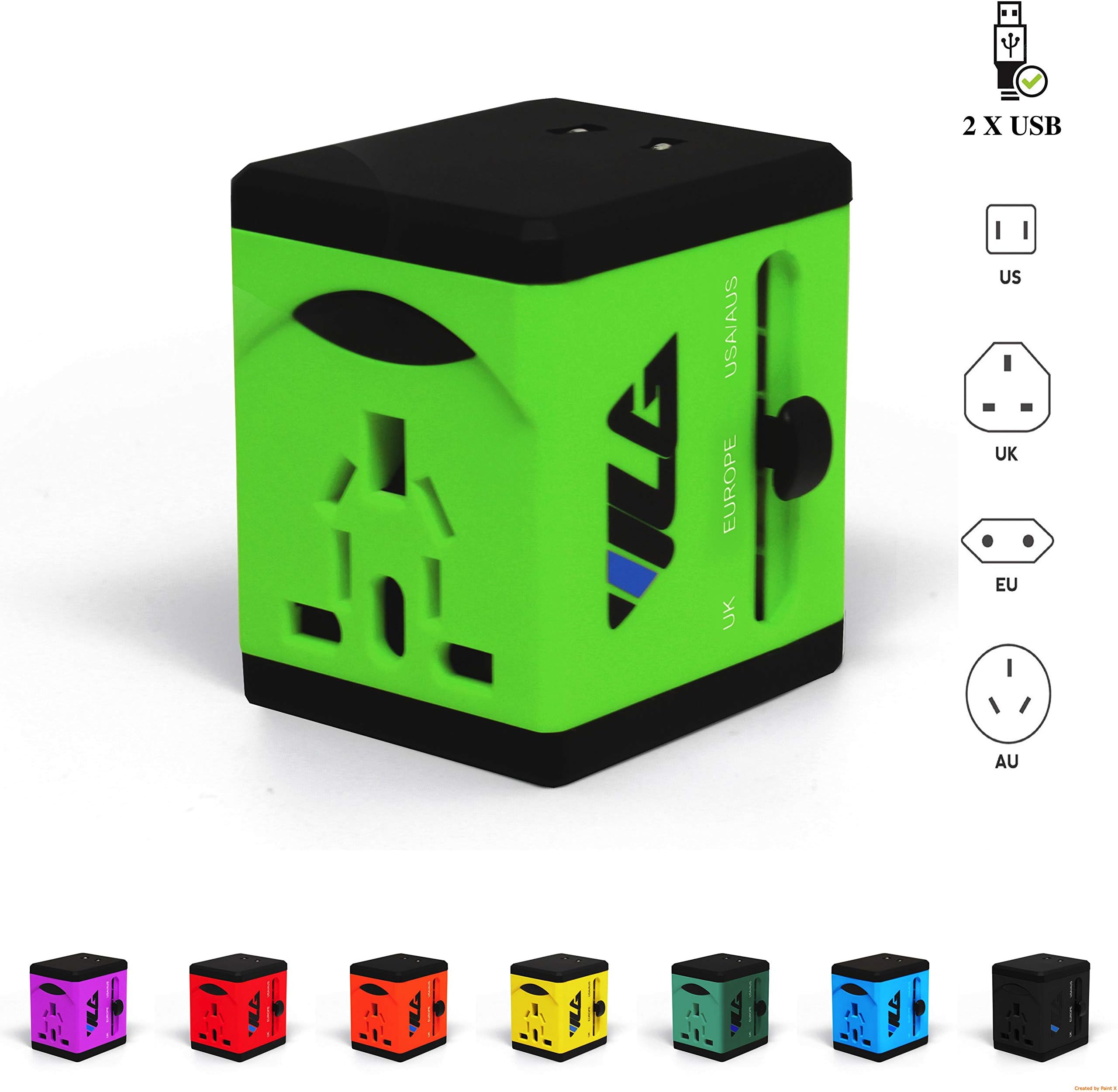VLG All in One Universal Travel Power Adapter - Dual USB Charging Ports - USA EU UK AUS - Reliable Worldwide Travel Сompanion (Neon Green)