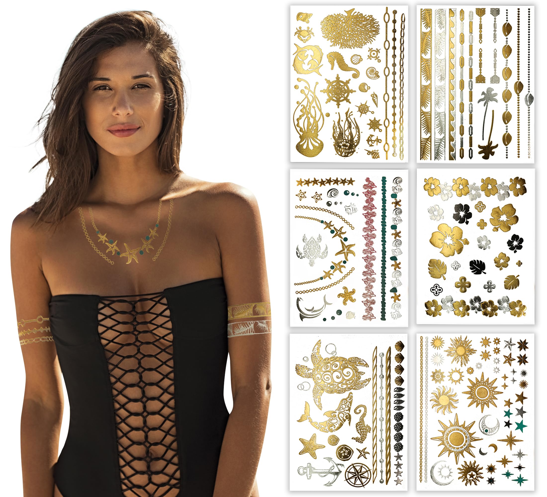Tropical Hawaiian Temporary Metallic Tattoos - Over 75 Tattoos in Gold Silver (6 Sheets) Terra Tattoos Aja Collection