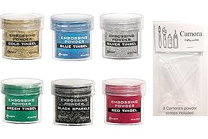 Ranger Tinsel Embossing Powder, Gold, Blue, Silver, Green, Red, and Black Sparkle, Bundle of 6 1/2 Ounce Jars Plus 3 Carnoras Scoop Spoons