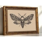 Vintage Gold Frame Skull Moth Wall Art, Gothic Canvas Painting Print for Dark Academia Decor, Moody Insect Picture for Living Room Bedroom Aesthetic, Nature Oddity Witchy Home Office Artwork 9x11 In