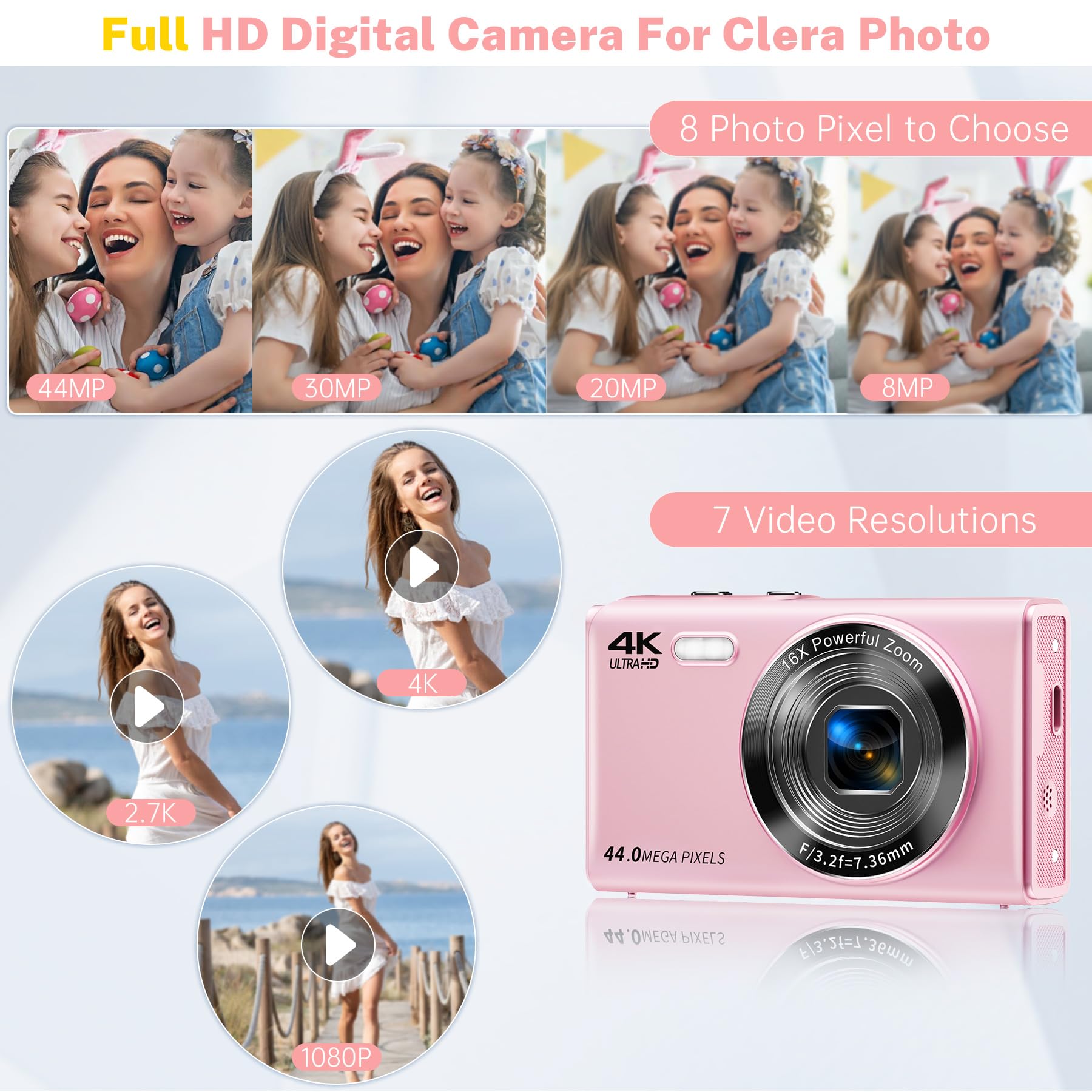 Digital Camera, Saneen FHD Kids Cameras for Photography, 4K 44MP Compact Point and Shoot Camera for Kids, Teens & Beginners with 32GB Card,16X Digital Zoom, 2 Rechargeable Batteries-Pink