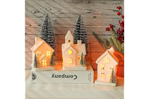 Peninpha 5PCS Christmas Village Sets - 3 LED Lighted Ceramic White Houses with 2 Decorative Christmas Trees Remote Control Led Candles for Home Tabletop Mantel Shelf Decor