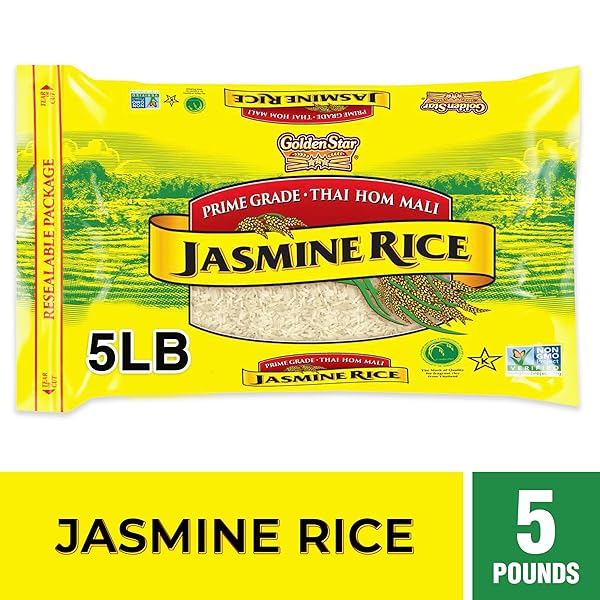 GOLDEN STAR THAI HOM MALI WHITE JASMINE RICE – PRIME GRADE WHITE RICE – 5 LB BAG