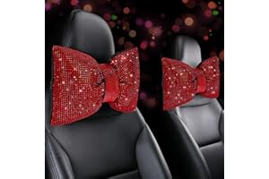 CHULIAN 2 PCS Bling Car Pillows,Rhinestones Bowknot Car Headrest Pillow,Car Neck Pillow for Driver Relax Necksupport,Sleeping Travel Support Neck Pillow,Shiny Diamond Interior Accessories for Women,Red