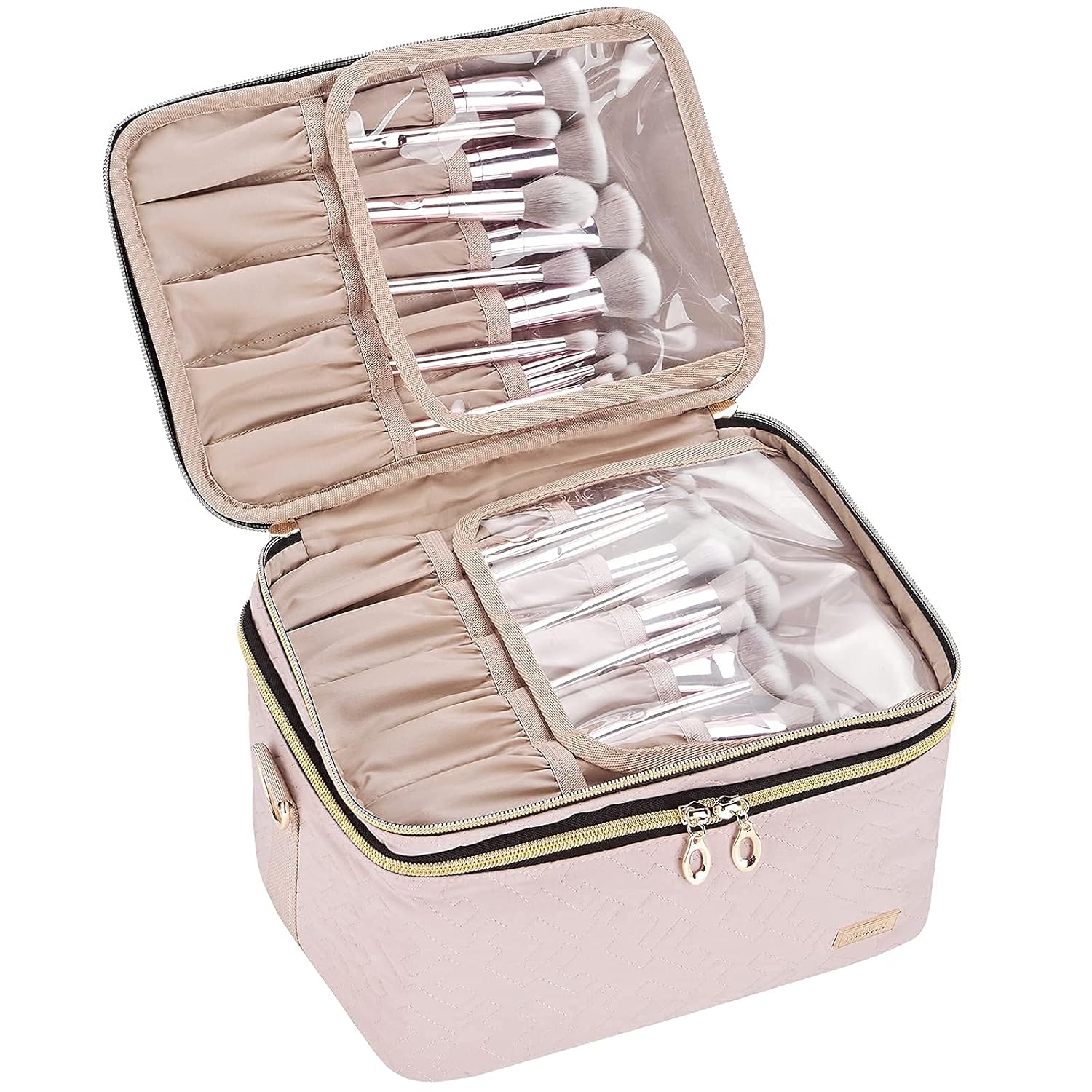 NISHEL Double Layer Travel Makeup Bag with Strap, Large Cosmetic Case Organizer Fits Bottles Vertically, Top Layer for Brushes, Tweezers, Eyeliner, Pink : Beauty