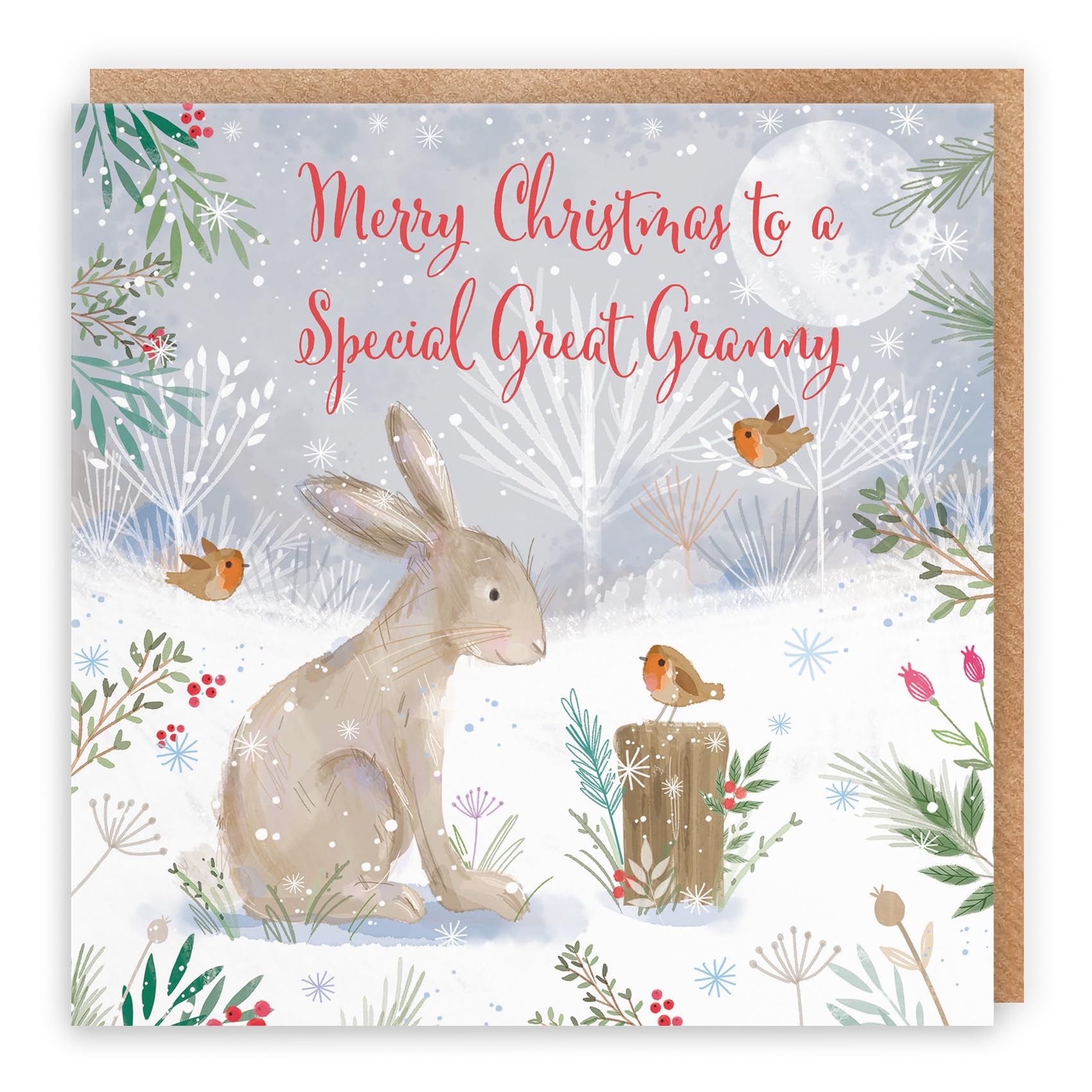 Hunts England - Great Granny Cute Hare Christmas Card - Nature's Treasures - For Her, Female - Happy Animal Wildlife Cute Merry Xmas Card - From Grandson, Granddaughter, Grandchildren