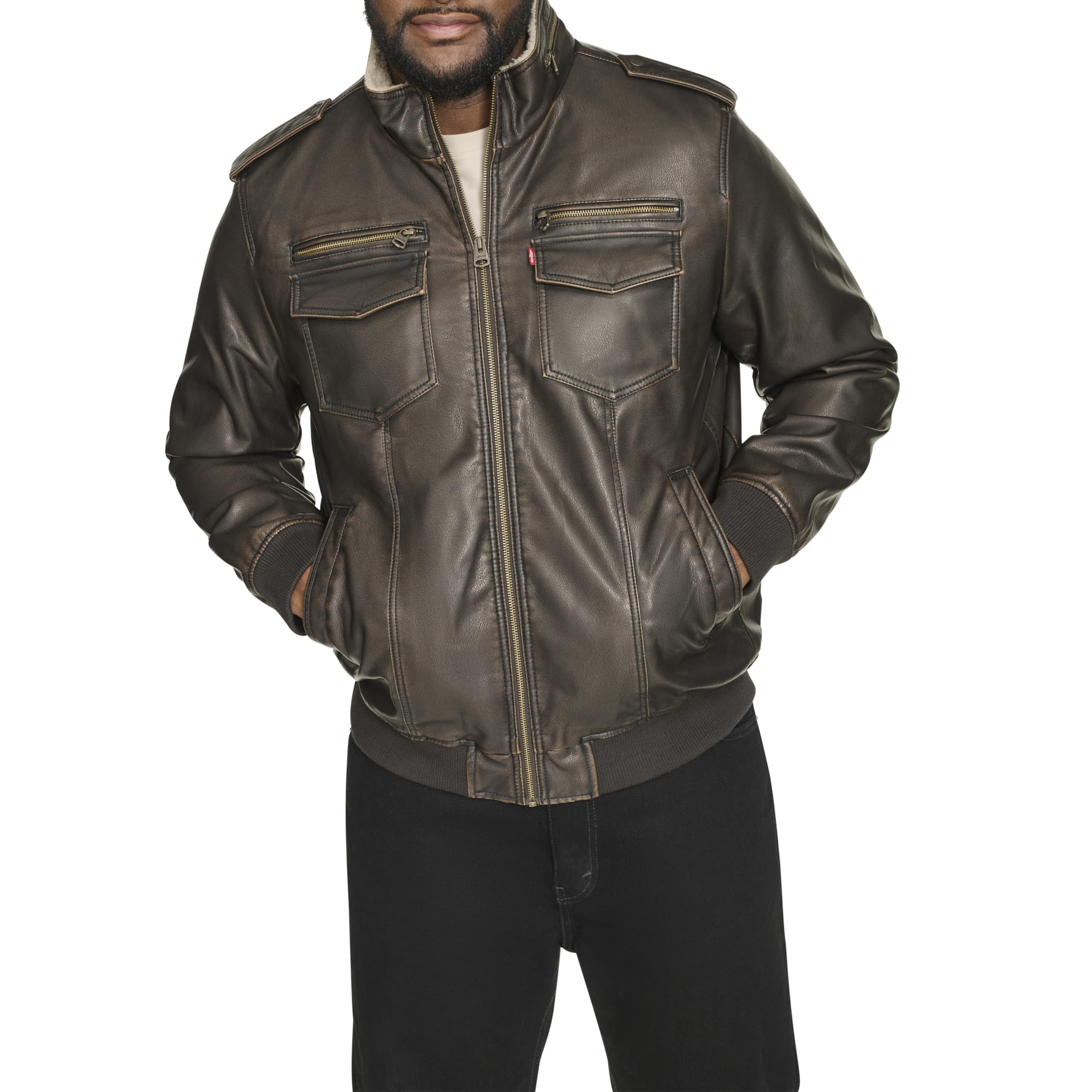 Levi's mens Sherpa Aviator Bomber Faux Leather Jacket, Dark Brown, XX-Large US Image