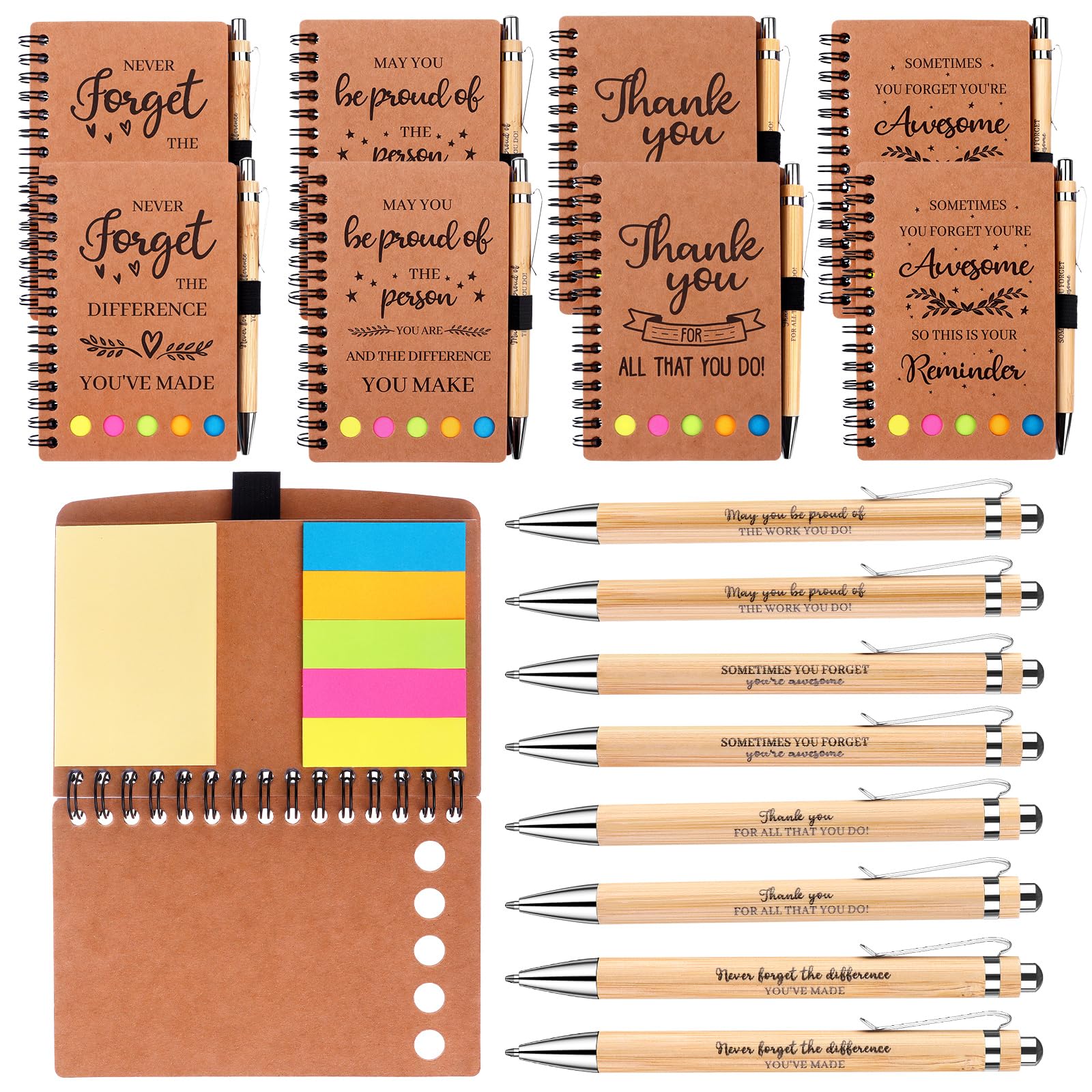 HAOWANWW 8Pcs Thank You Appreciation Gift Inspirational Journal Notebook Thank You Gifts Spiral Notebook with Sticky Note Bamboo Ballpoint Pen Employee Appreciation Gifts for Colleague Employee