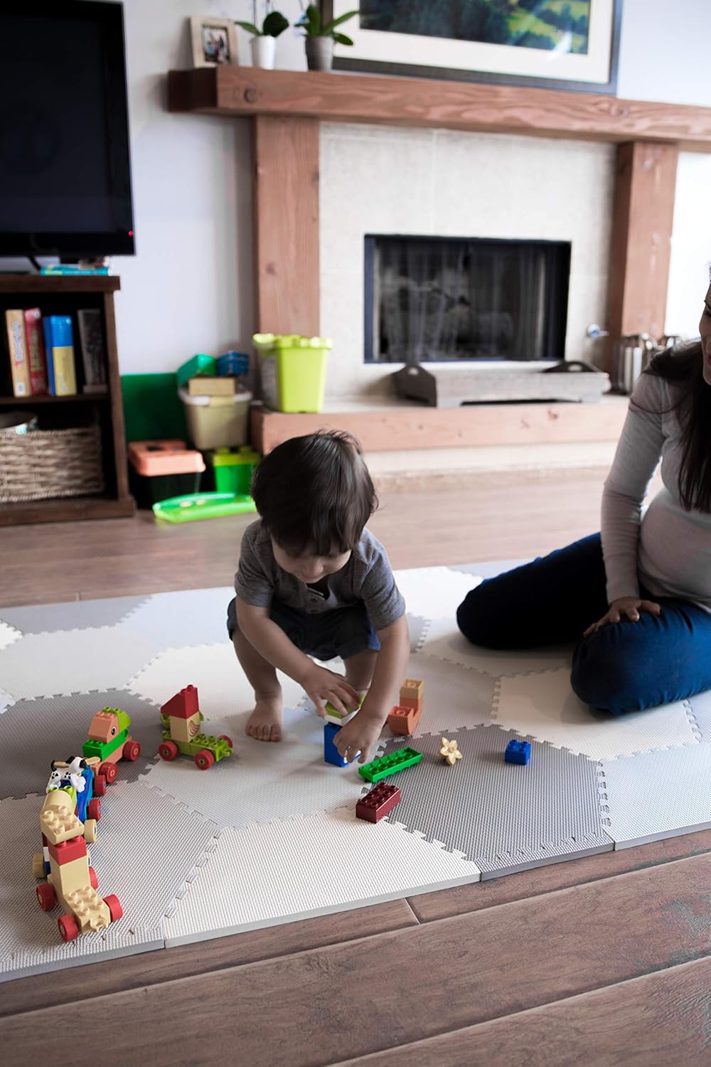 Baby Brielle Interlocking Hexagon Floor Foam Tile Activity Mat for Tummy Time, Crawling, and Playing Ultra Thickness Playmat for Infants and Toddlers for Nursery Room in Grey/White : Baby