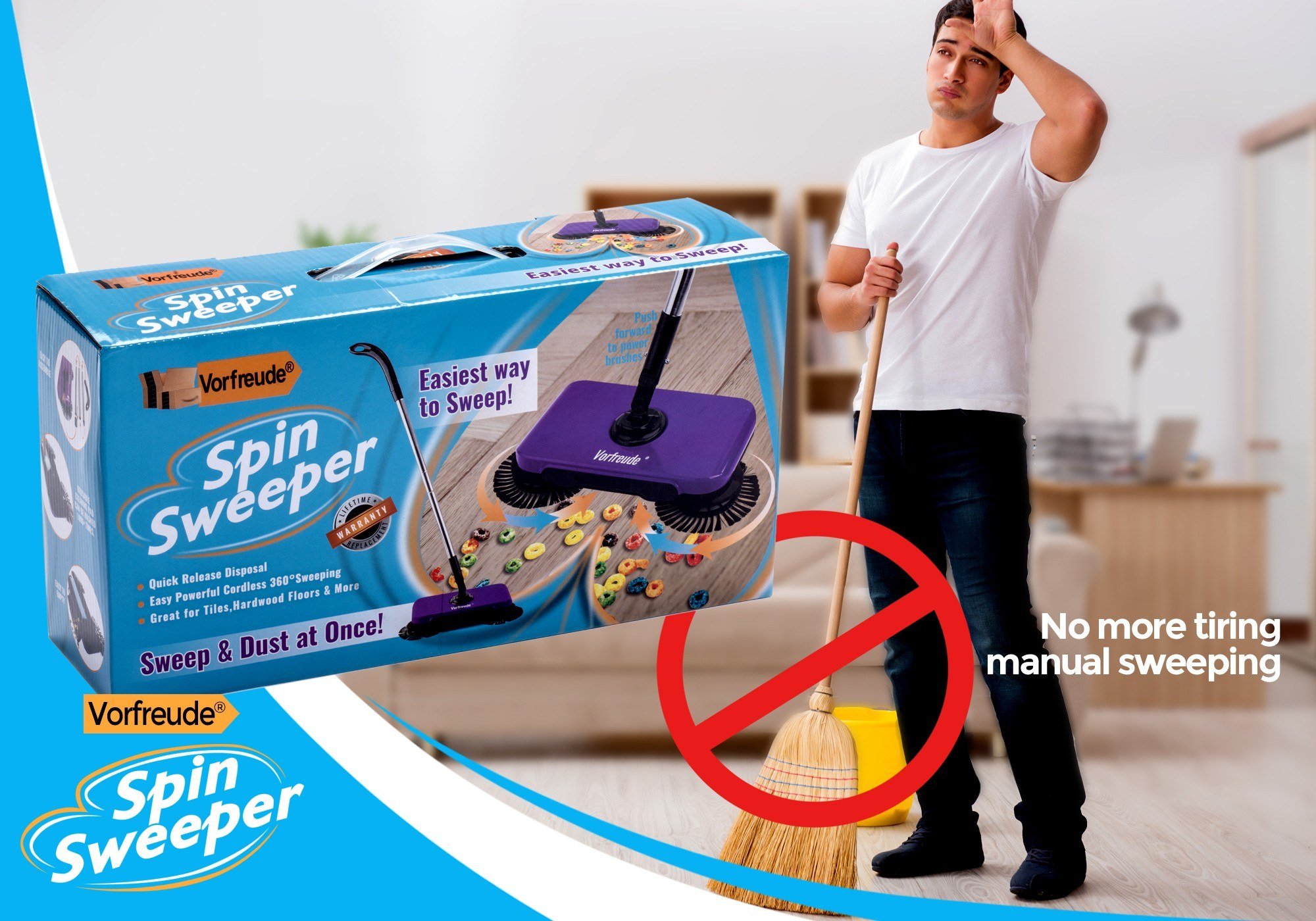 Vorfreude Pro Spin Sweeper Automatic Hand Push Broom – Cordless Stick Vacuum Manual Triple Brush Rotary Floor Spinbrush - Reusable Cleaning Dust Pan Pad - 360 Swivel Rotating Handle - 900 ml Bin