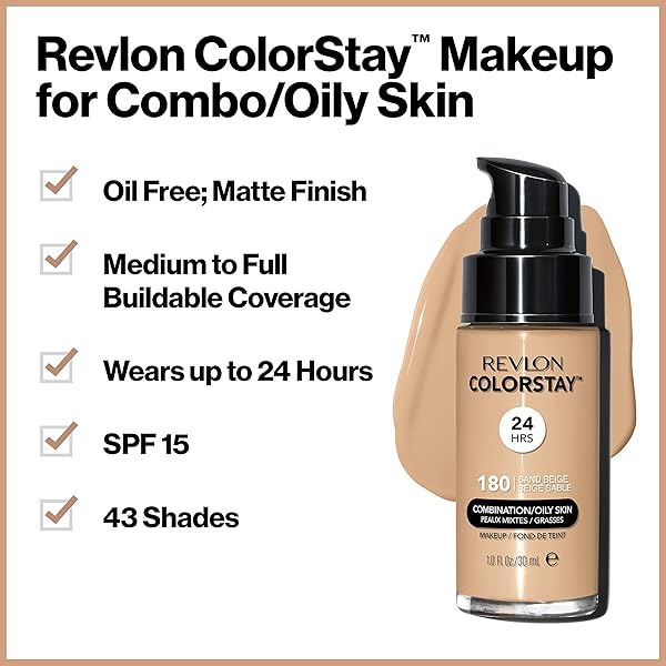 REVLON LIQUID FOUNDATION, COLORSTAY FACE MAKEUP FOR COMBINATION & OILY SKIN, SPF 15, MEDIUM-FULL COVERAGE WITH MATTE FINISH, 380 RICH GINGER, 1 FL OZ