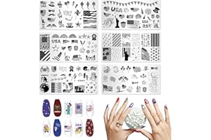 BLINKET Patriotic Nail Art Stamping Plates - American Flags, Memorial Day Stars, Statue of Liberty, 6pcs Reusable Set