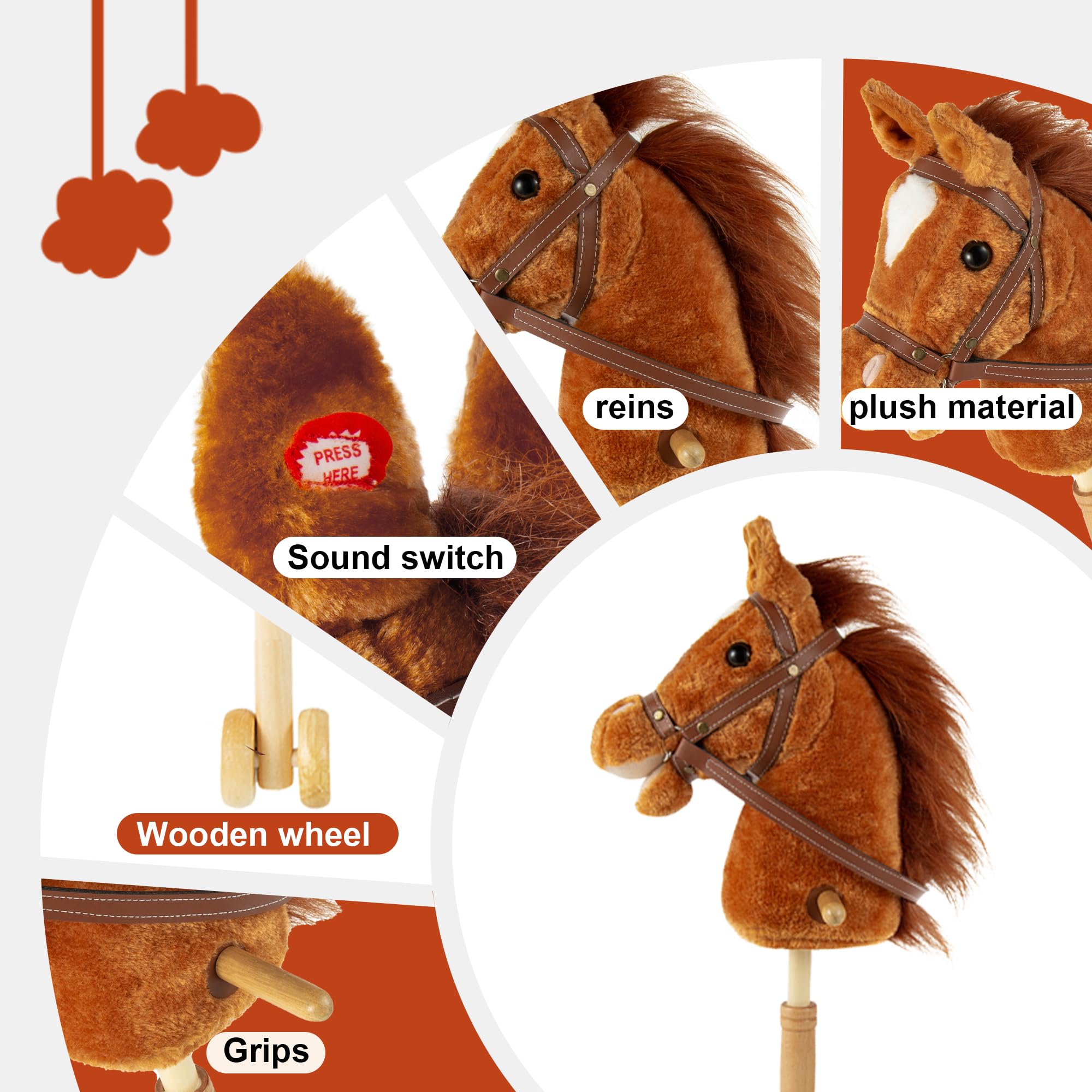 Morytale Stick Hobby Horse Riding Toy, Plush Stick Horse for Toddlers Ages 3+, Horses Ride on Toy Fun Pretend Play with Wooden Wheels and Real Pony Clip-Clop Sounds 39 Inches-Light Brown