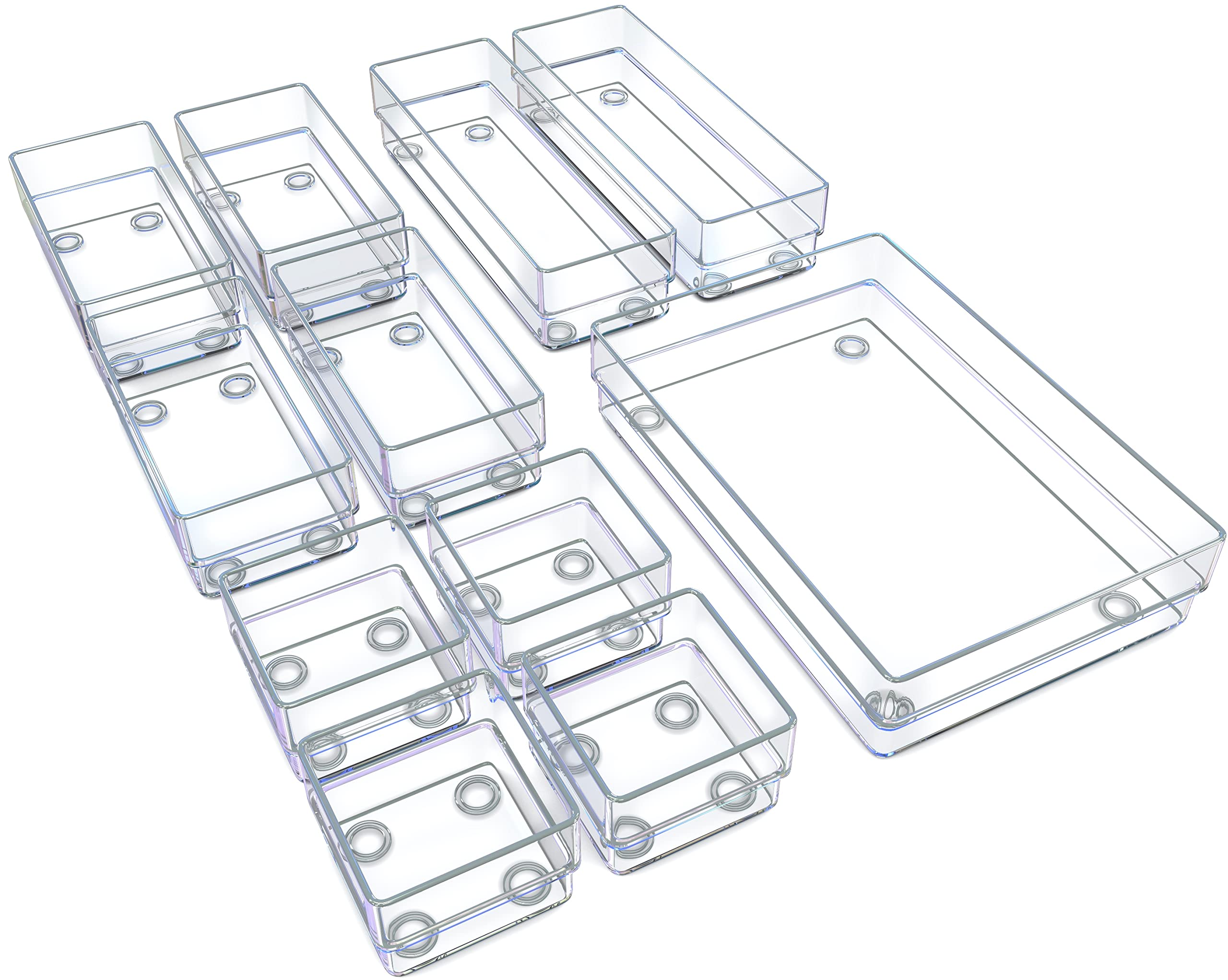 Unique Impression Set of 11 Drawer Organiser Trays – Clear Dividers For Make-up, Bedroom, Bathroom, Office, Kitchen, Cosmetics, Stationery