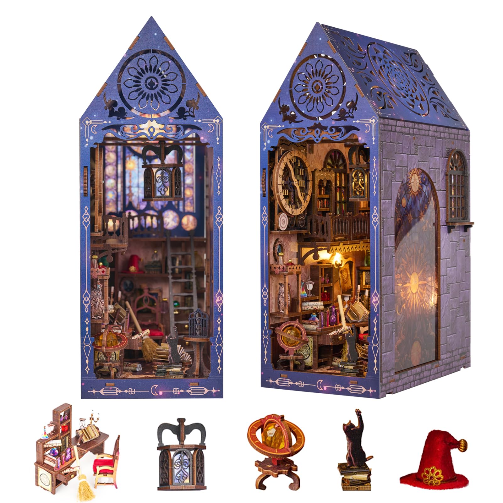 Spilay Book Nook, DIY Miniature Dollhouse with LED 3D Wooden Puzzle Bookend for Bookshelf Insert Decor, Tiny Model House for Christmas Valentine's Day Gift (Magical Research Society)