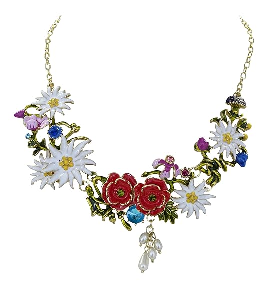 LeMaRe© Halskette Florales Collier Edelweiss Multi Blumen Strasskristalle Trachtenschmuck Handbemalt