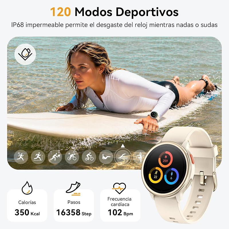Relógio inteligente feminino, smartwatch redondo de 1,27" para iPhone/Samsung/Android, 2 alças e 120+ modos desportivos, monitor de sono com funções de saúde e fitness 3ATM à prova de água, cáqui