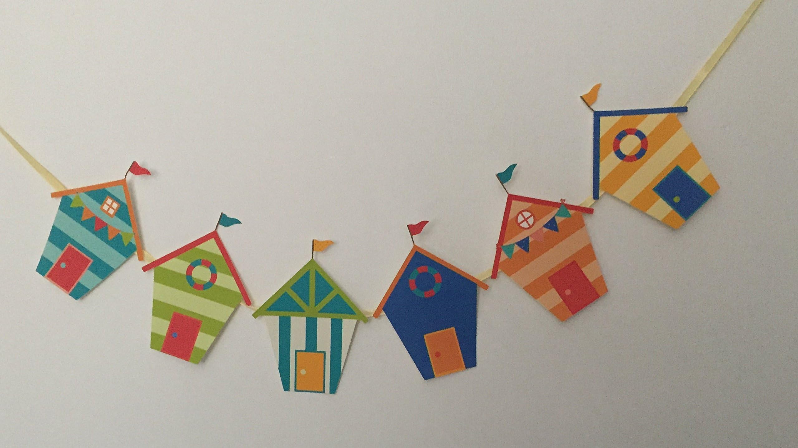 Beach Hut Style Bunting 6 individual card stock Huts Attached Ribbon 60"