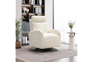 KINFFICT Modern Swivel Glider Chair, Upholstered Accent Glider Rocker for Baby Nursery, Comfy Tall Back Rocking Armchair with Side Pocket and Headrest for Living Room, Bedroom, White Teddy Fabric